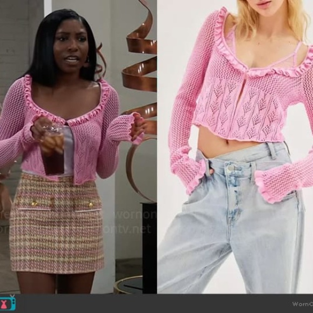 Urban Outfitters Lily Open Knit Flyaway Cardigan Pink Cropped Shrug Sweater S - Picture 2 of 10